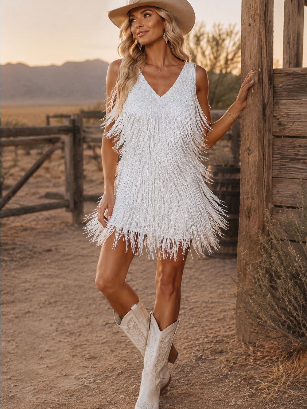 Sleeveless White Fringe Mini Dress – Party Ready
